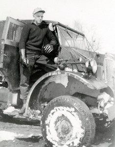 Harold Marcus with his first oil truck – 1942, 1500 weight, 4x4 army truck with 16 barrel tank. (Est. 1946)