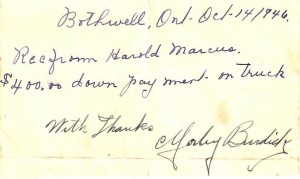 Receipt for Harold's purchase of his first oil truck. (October 1946)