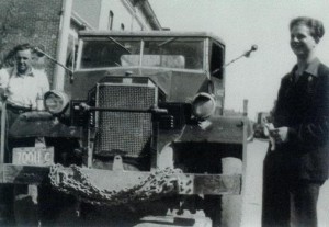 Harold Marcus and Ron McClarty with Harold's first oil truck - 1942 Army Truck. (Est. October 1948)